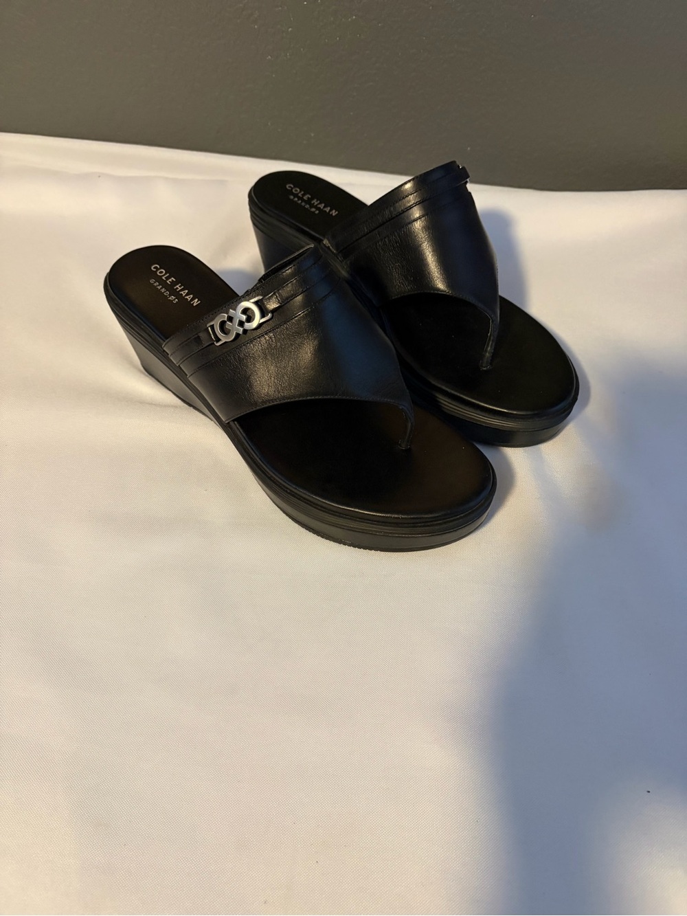 Cole Haan Black Leather Wedge Thong Sandals